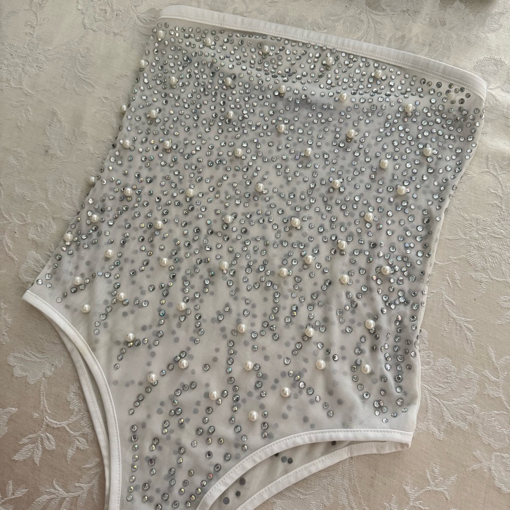 Embellished Pearl and Rhinestone Sparkly White Bodysuit
